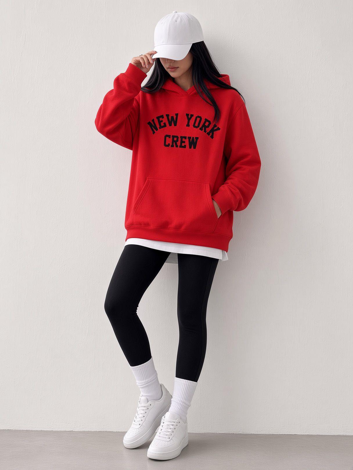 Sw Unisex Oversize "New York Crew" Baskılı Kapüşonlu Kanguru Cep Sweatshirt