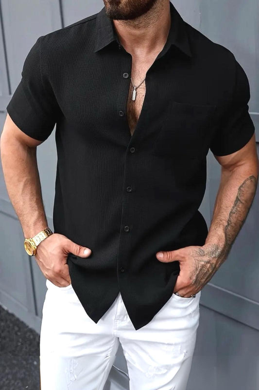 Theo Slim Fit Esnek Likralı Kısa Kol Ayaklı Yaka Erkek Gömlek