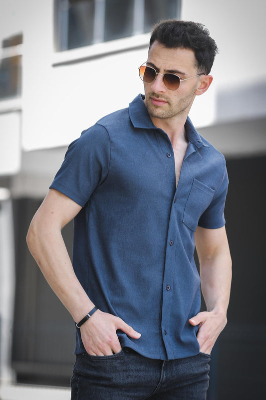 Theo Slim Fit Esnek Likralı Kısa Kol Ayaklı Yaka Erkek Gömlek