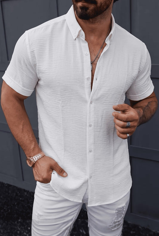 Tizza Erkek Slim Fit Kendinden Dokulu Kısa Kollu Yazlık Gömlek