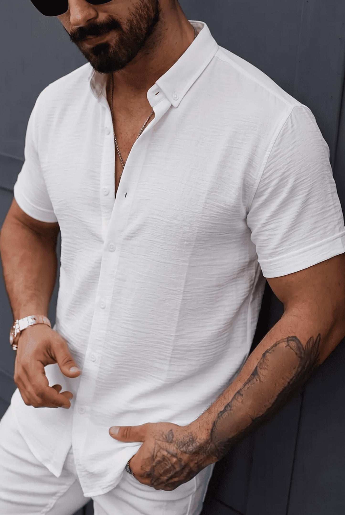 Tizza Erkek Slim Fit Kendinden Dokulu Kısa Kollu Yazlık Gömlek