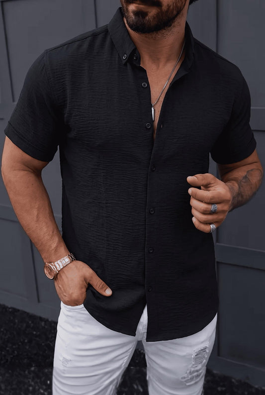 Tizza Erkek Slim Fit Kendinden Dokulu Kısa Kollu Yazlık Gömlek
