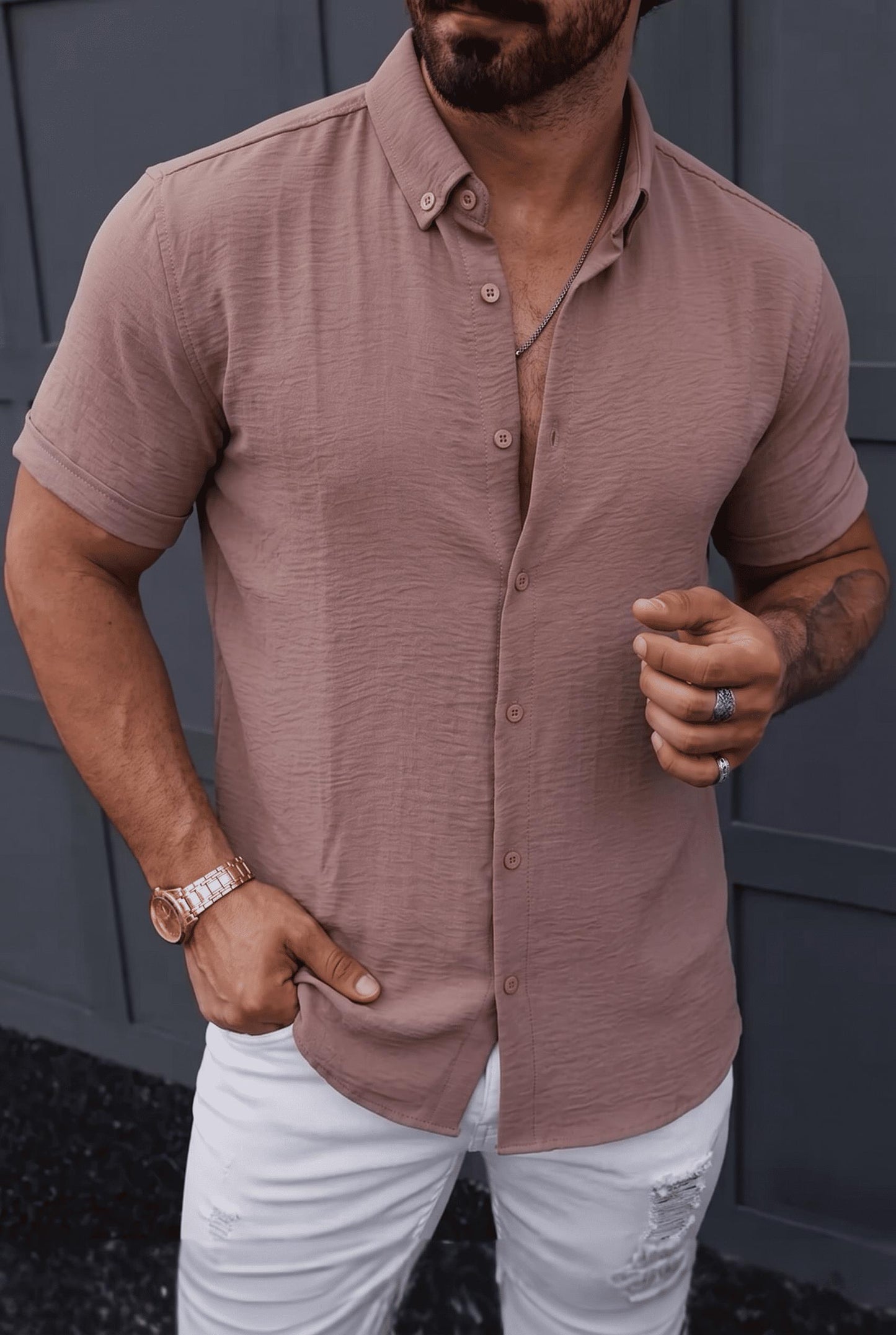 Tizza Erkek Slim Fit Kendinden Dokulu Kısa Kollu Yazlık Gömlek
