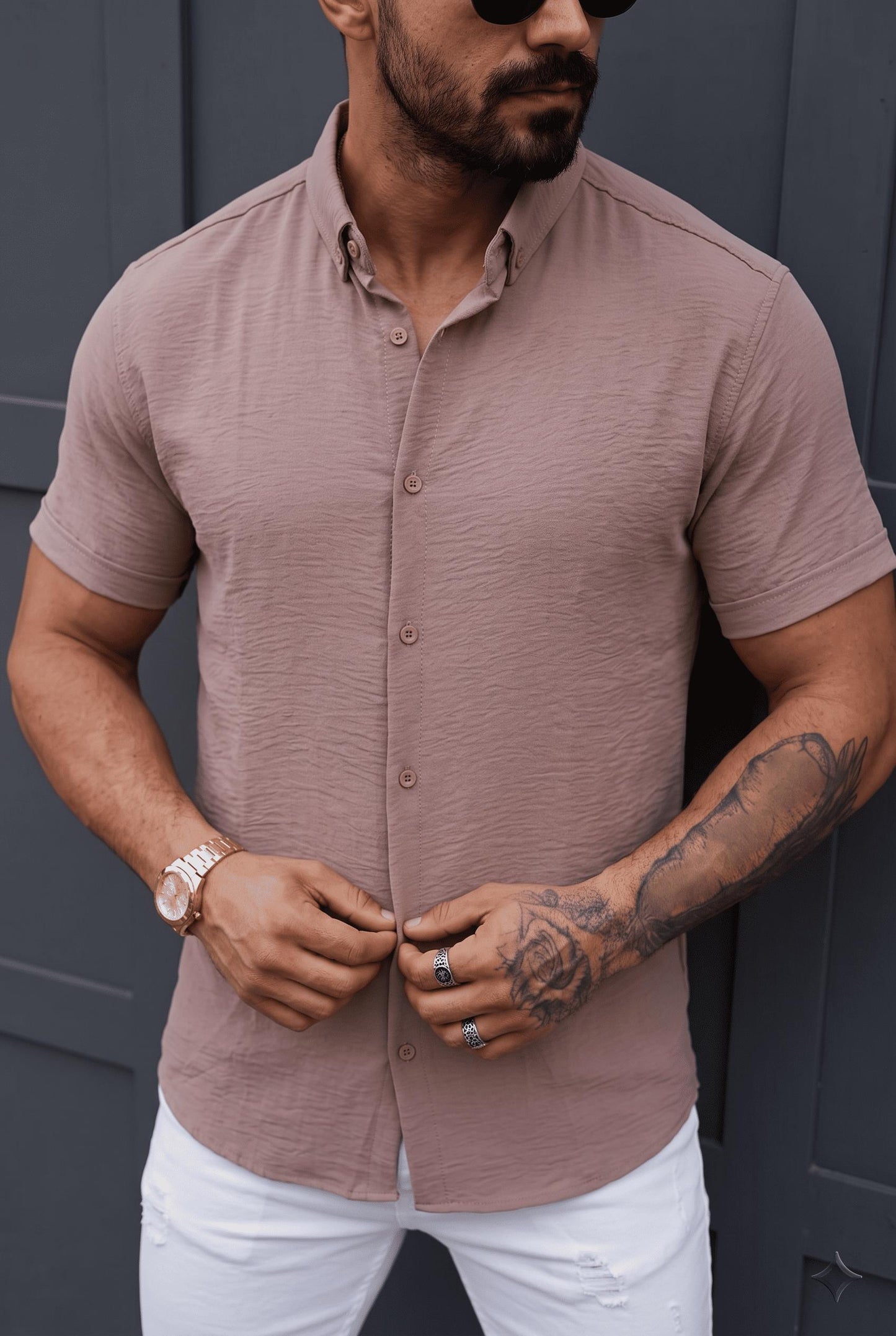 Tizza Erkek Slim Fit Kendinden Dokulu Kısa Kollu Yazlık Gömlek