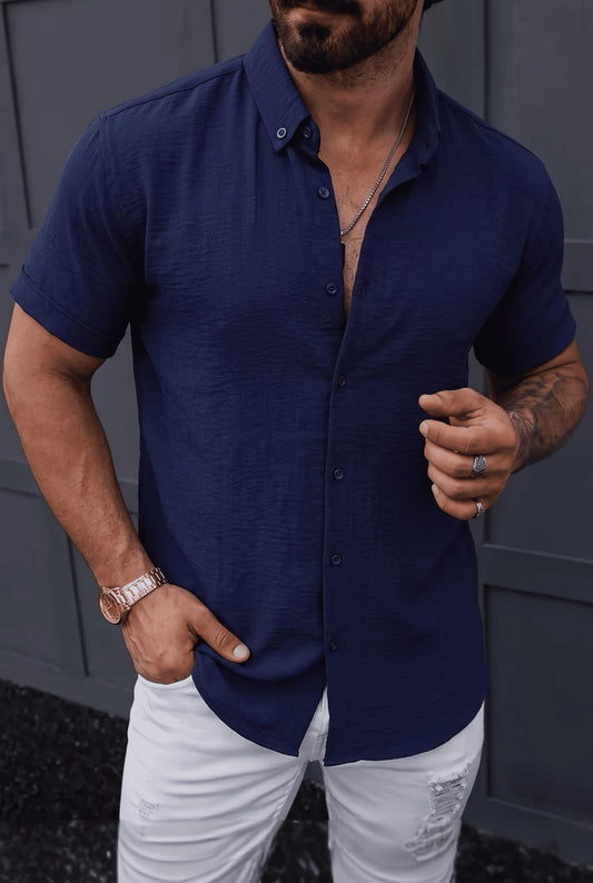 Tizza Erkek Slim Fit Kendinden Dokulu Kısa Kollu Yazlık Gömlek