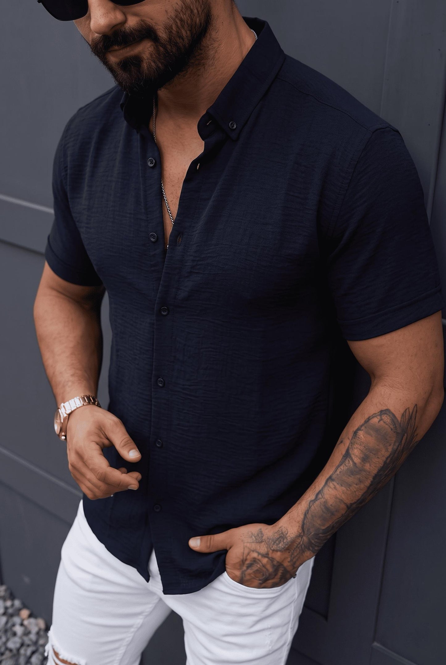 Tizza Erkek Slim Fit Kendinden Dokulu Kısa Kollu Yazlık Gömlek