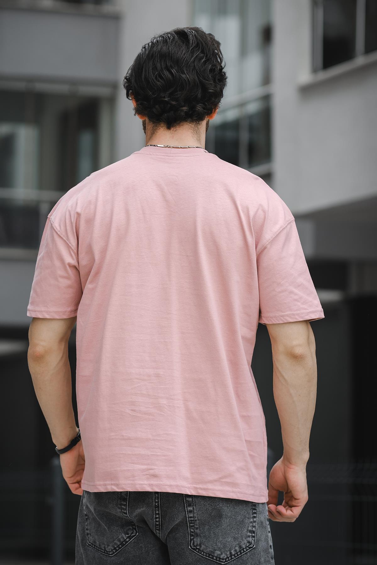 Trc 2758 Yaka Baskılı Pamuklu Bisiklet Yaka Oversize Erkek Tshirt