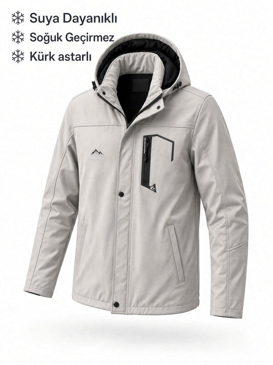 Tuc 2034 İçi Polar/Kürk Astarlı Su İtici Termal Softshell Erkek Mont - Soğuk Geçirmez Spor Kaban Büyük Beden Erkek Mont