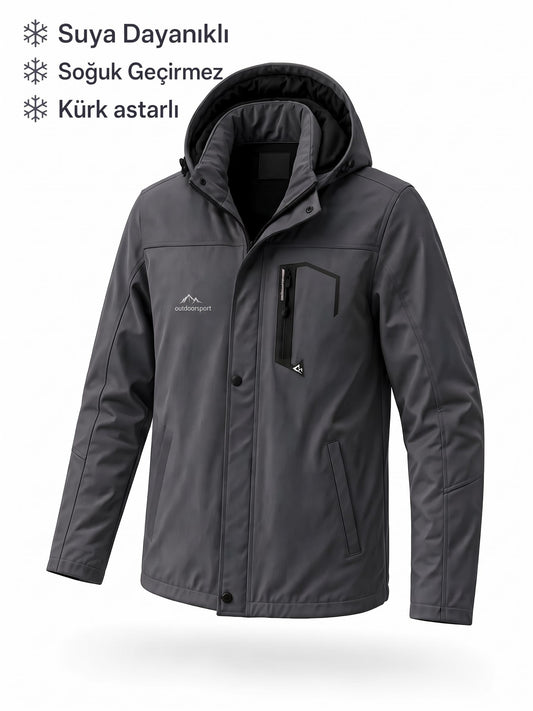 Tuc 2034 İçi Polar/Kürk Astarlı Su İtici Termal Softshell Erkek Mont - Soğuk Geçirmez Spor Kaban Büyük Beden Erkek Mont