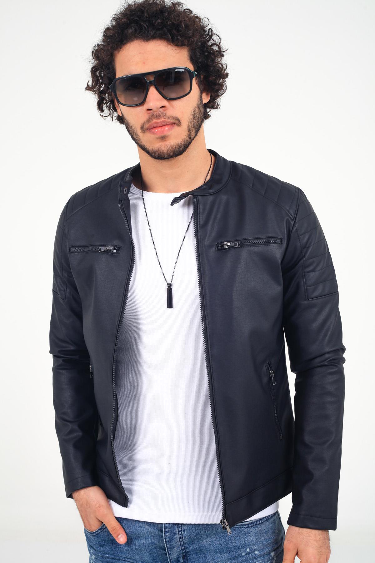 Tuci 420 Slim Fit İçi Polarlı Hakim Yaka Suni Deri Mont