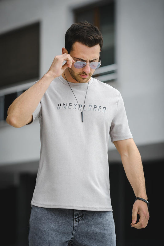 Unexplored Baskılı Comfort Fit Bisiklet Yaka Likralı Erkek Tshirt