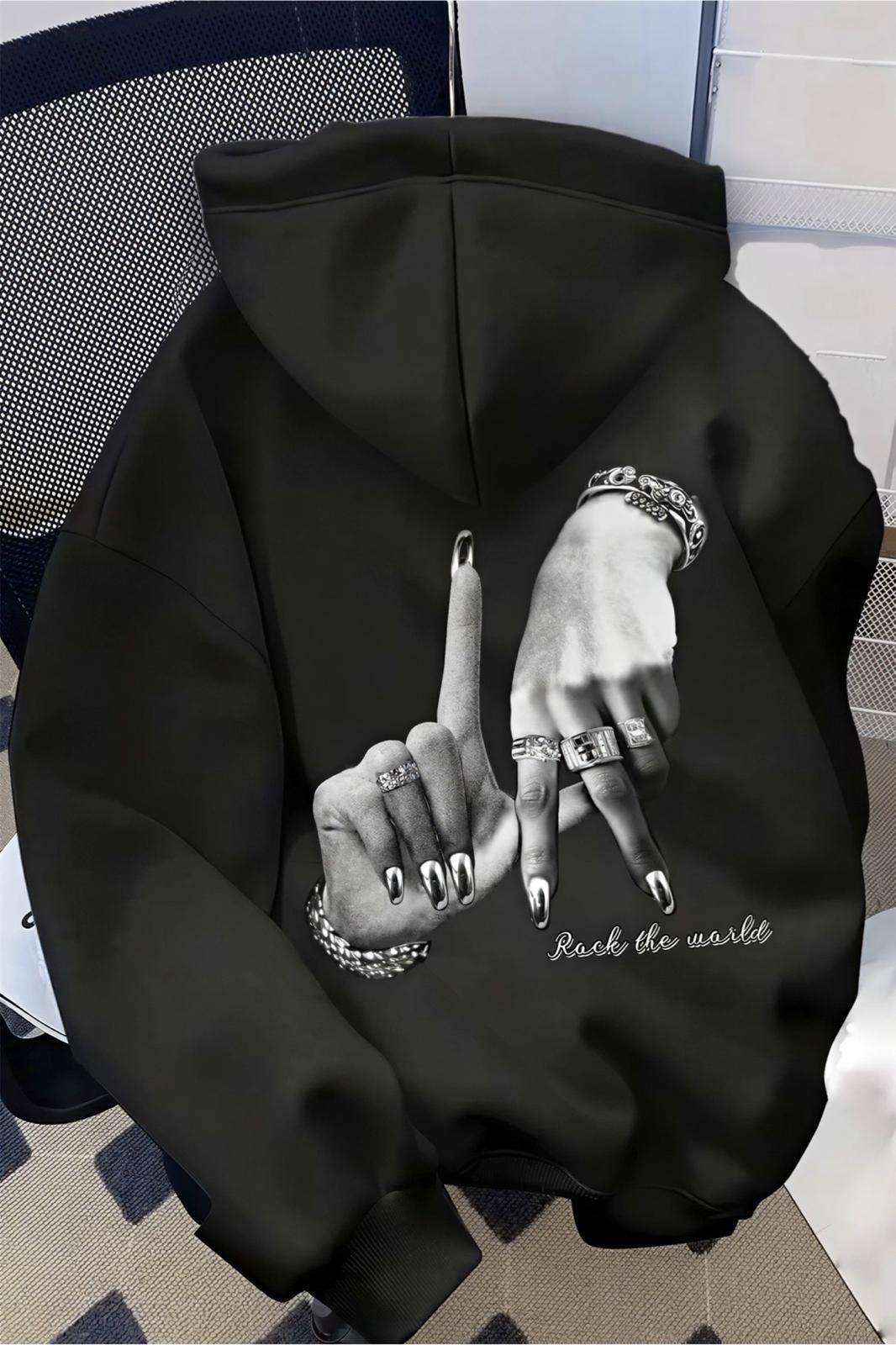 Unisex Oversize LA Sırt Baskılı "Rock The World" Kapüşonlu Sweatshirt Hoodie