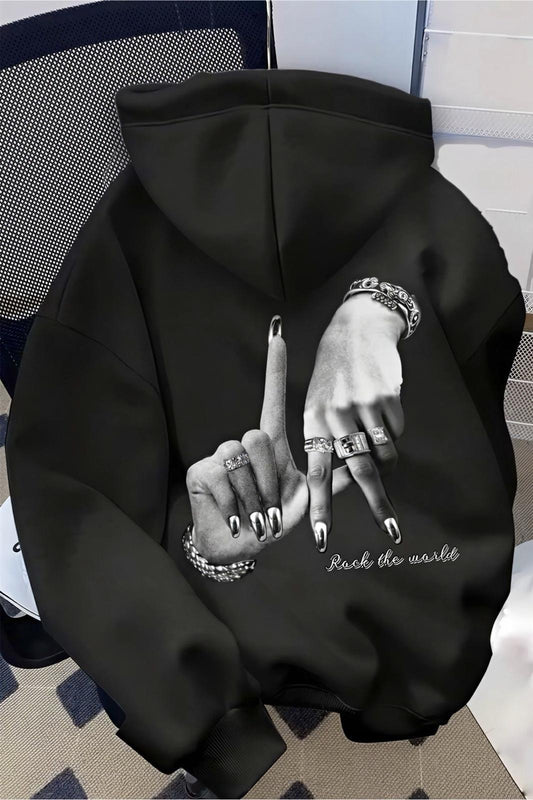 Unisex Oversize LA Sırt Baskılı "Rock The World" Kapüşonlu Sweatshirt Hoodie