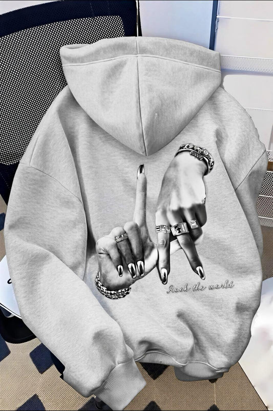 Unisex Oversize LA Sırt Baskılı "Rock The World" Kapüşonlu Sweatshirt Hoodie