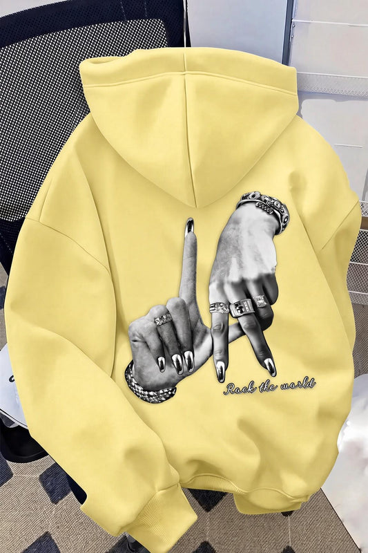 Unisex Oversize LA Sırt Baskılı "Rock The World" Kapüşonlu Sweatshirt Hoodie