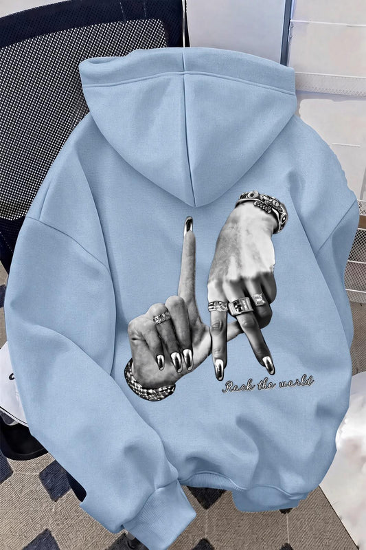 Unisex Oversize LA Sırt Baskılı "Rock The World" Kapüşonlu Sweatshirt Hoodie