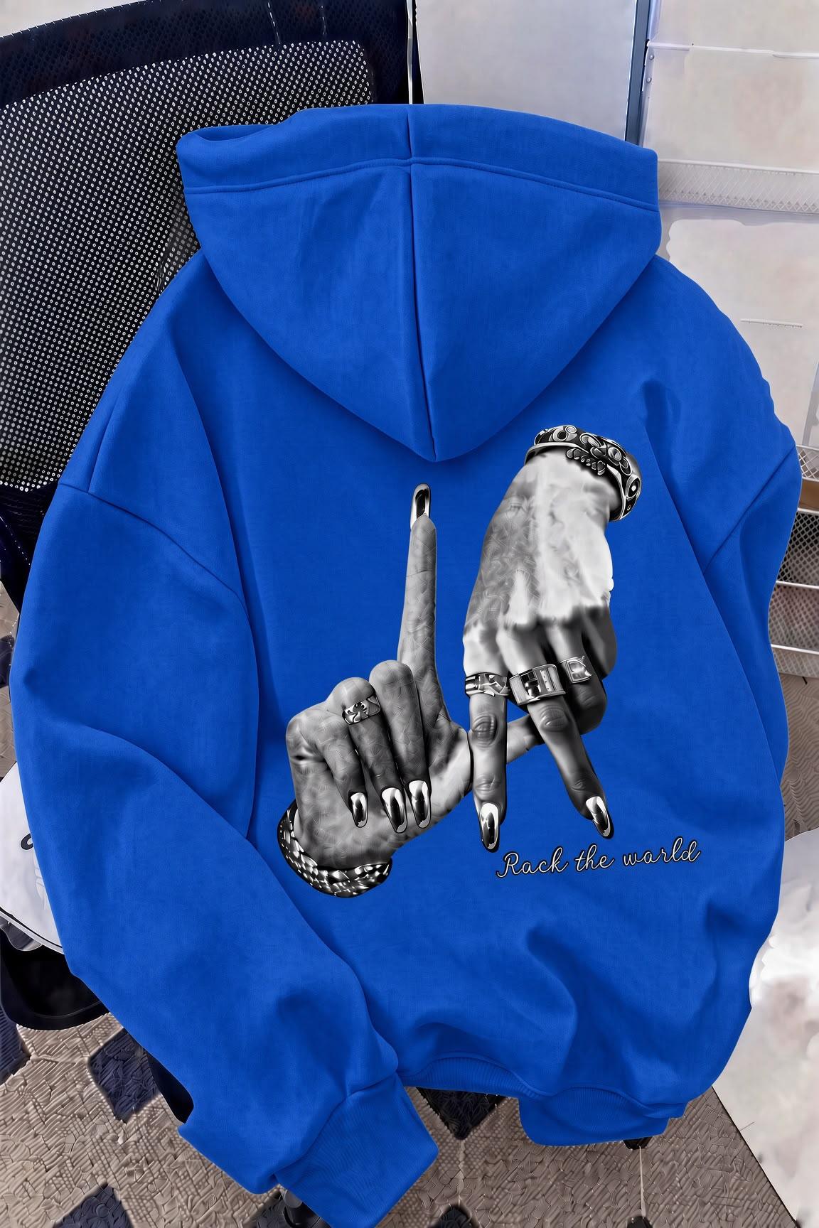 Unisex Oversize LA Sırt Baskılı "Rock The World" Kapüşonlu Sweatshirt Hoodie