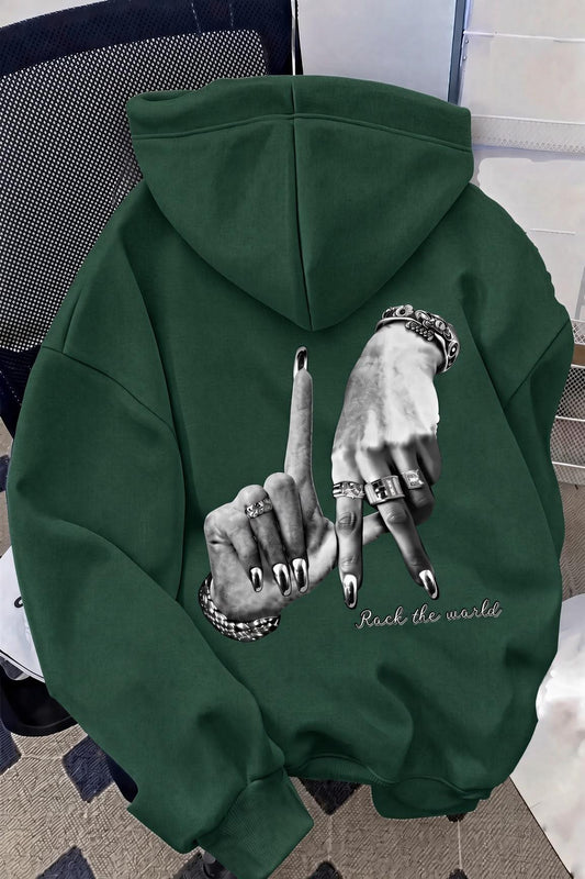 Unisex Oversize LA Sırt Baskılı "Rock The World" Kapüşonlu Sweatshirt Hoodie
