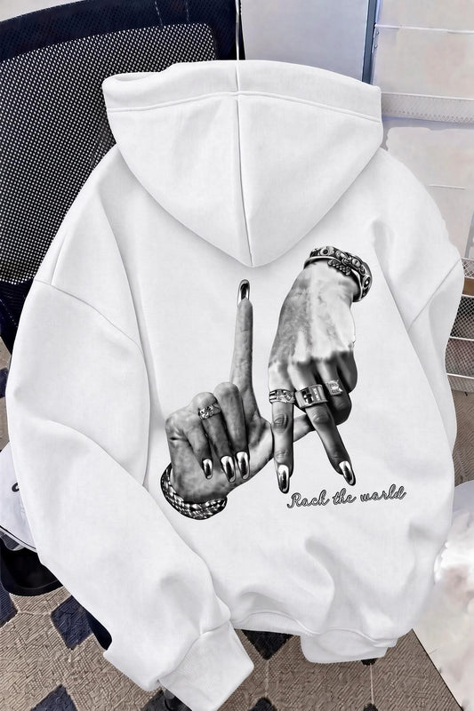 Unisex Oversize LA Sırt Baskılı "Rock The World" Kapüşonlu Sweatshirt Hoodie