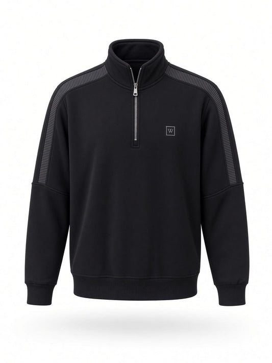 W Üç İplik Pamuk Erkek Yarım Fermuarlı Çizgili Detaylı Sweatshirt