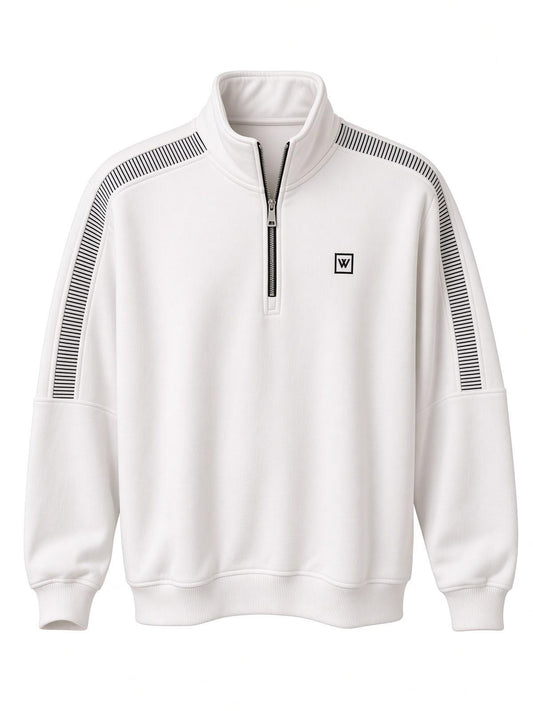 W Üç İplik Pamuk Erkek Yarım Fermuarlı Çizgili Detaylı Sweatshirt