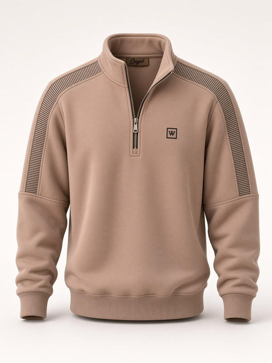 W Üç İplik Pamuk Erkek Yarım Fermuarlı Çizgili Detaylı Sweatshirt