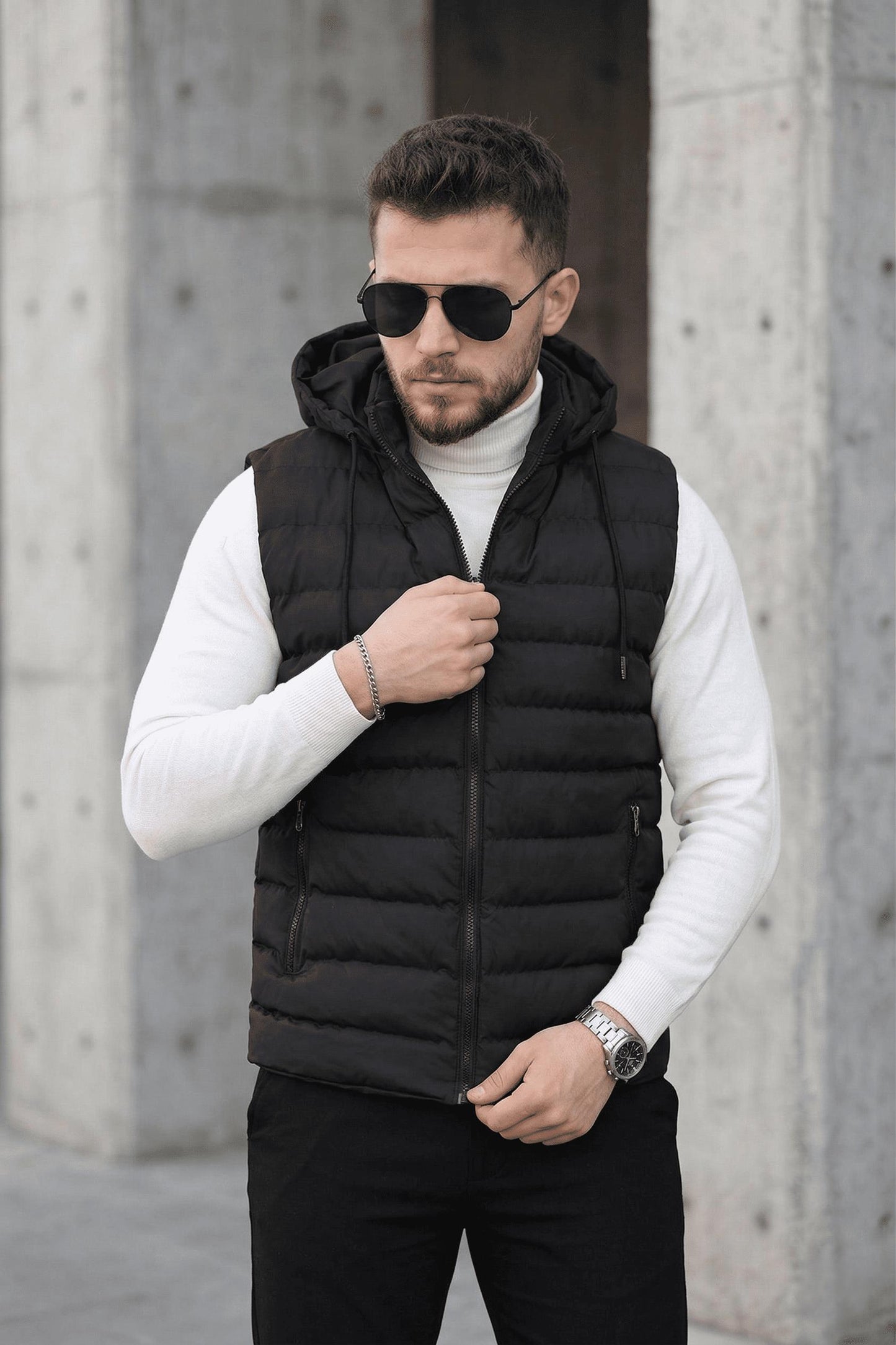 Yelly Slim Fit Fermuarlı Cep Detaylı Erkek Şişme Yelek - Çıkarılabilir Kapüşonlu & Astarlı