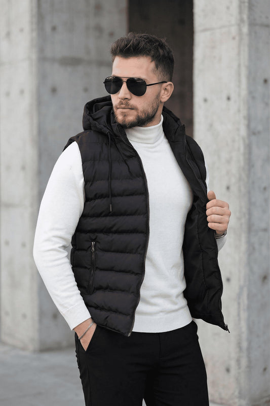 Yelly Slim Fit Fermuarlı Cep Detaylı Erkek Şişme Yelek - Çıkarılabilir Kapüşonlu & Astarlı