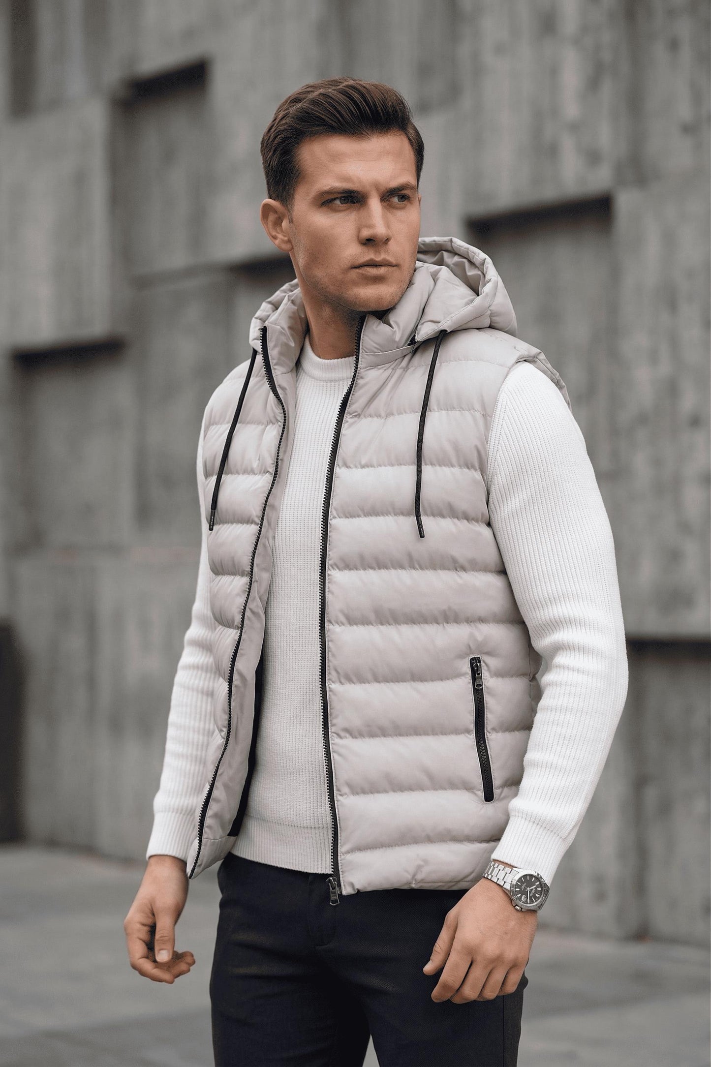 Yelly Slim Fit Fermuarlı Cep Detaylı Erkek Şişme Yelek - Çıkarılabilir Kapüşonlu & Astarlı