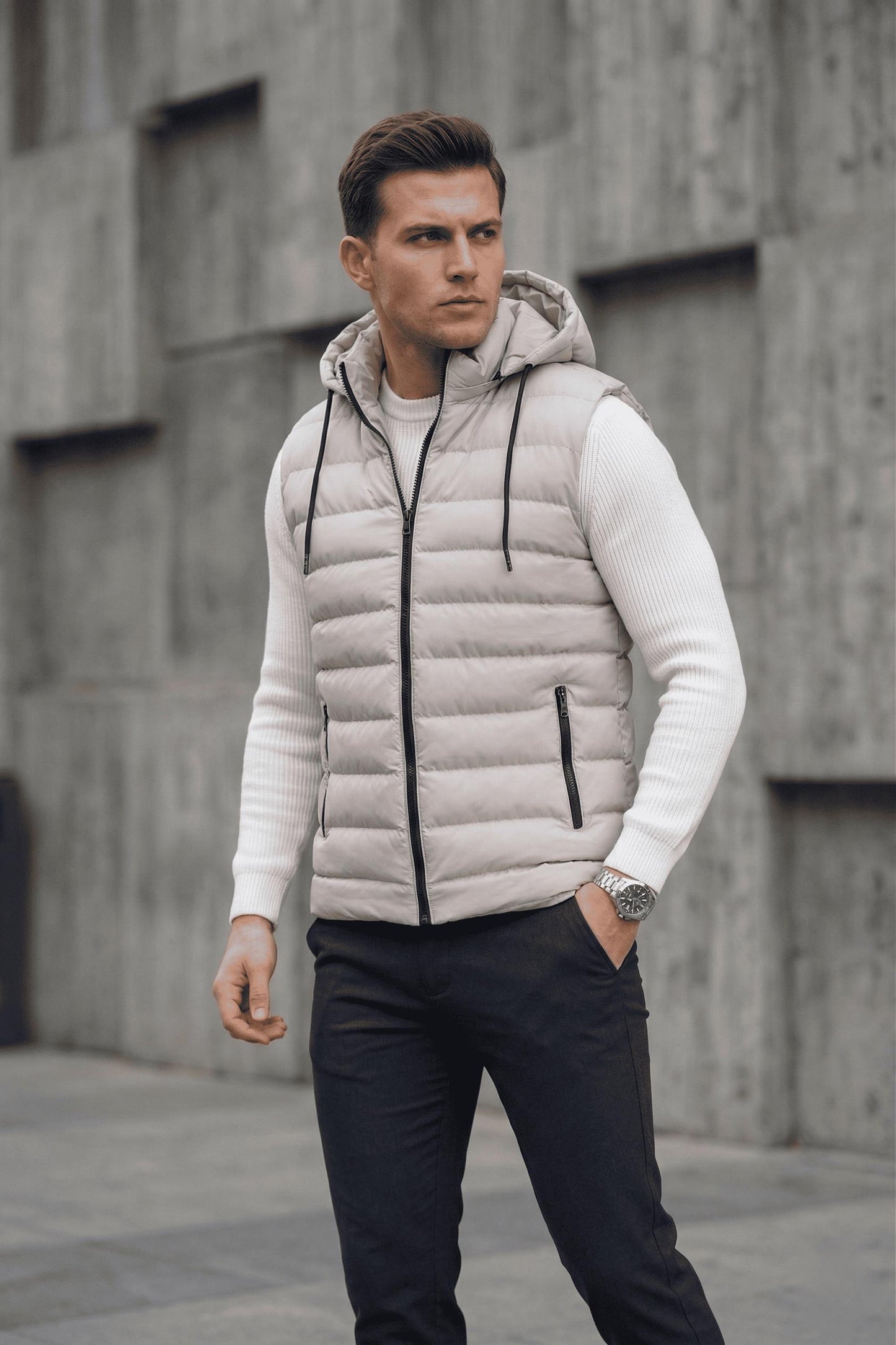 Yelly Slim Fit Fermuarlı Cep Detaylı Erkek Şişme Yelek - Çıkarılabilir Kapüşonlu & Astarlı