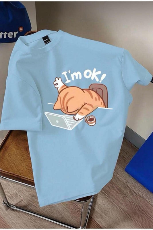 Yorgun Kedi İllüstrasyonlu Unisex Tasarım Tişört