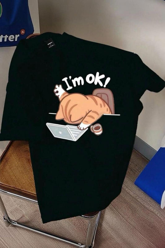 Yorgun Kedi İllüstrasyonlu Unisex Tasarım Tişört