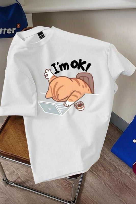 Yorgun Kedi İllüstrasyonlu Unisex Tasarım Tişört