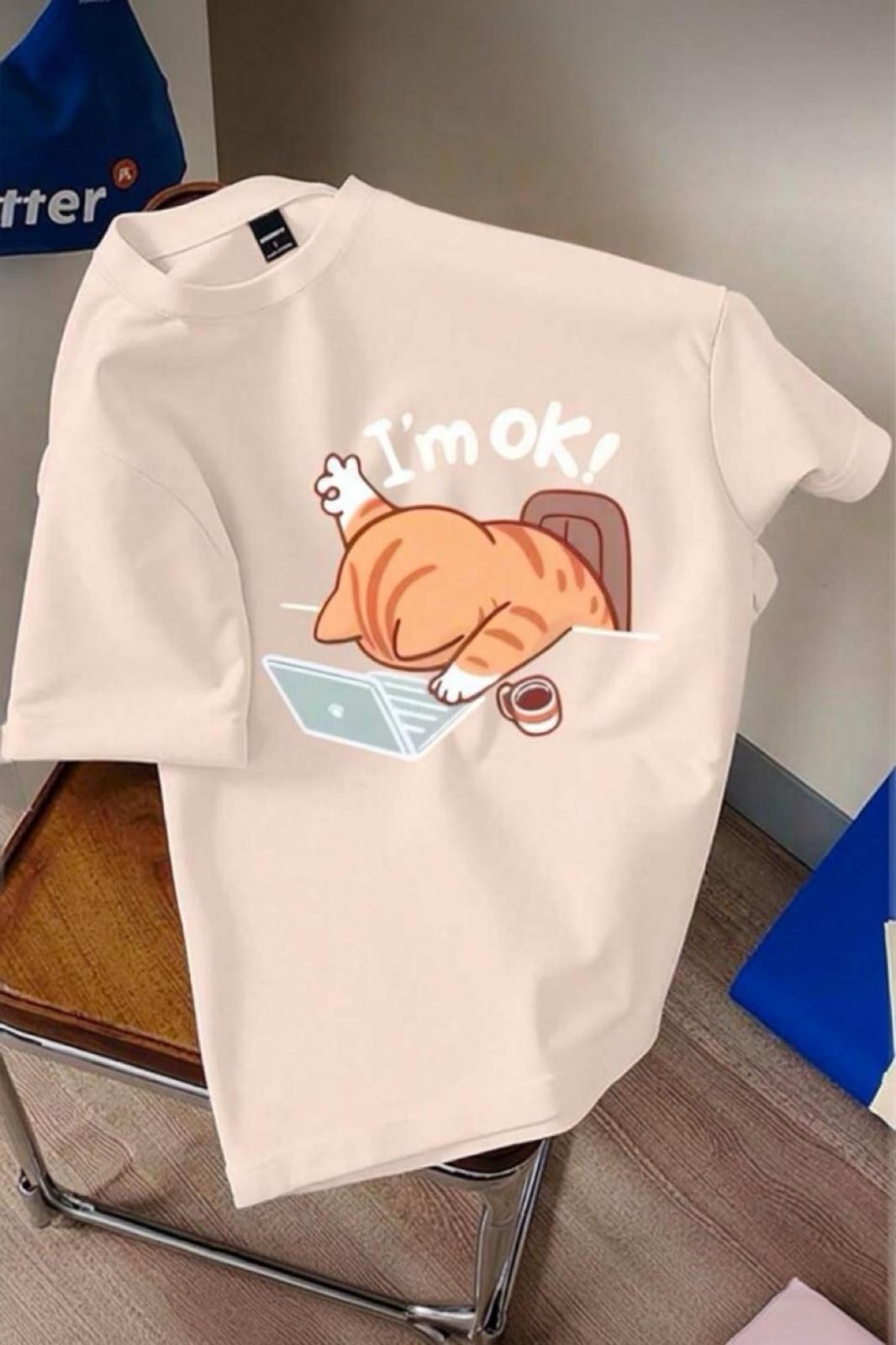 Yorgun Kedi İllüstrasyonlu Unisex Tasarım Tişört
