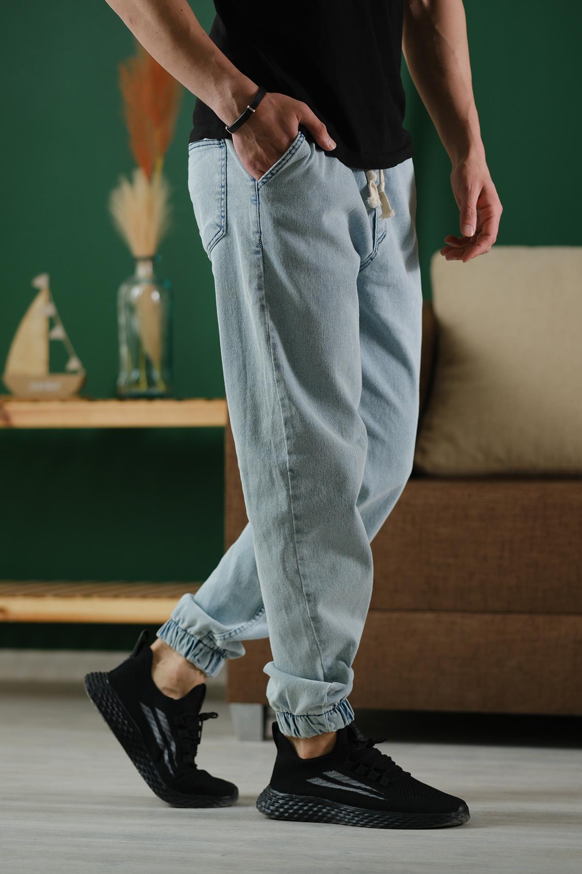 Zessi Paçası ve Beli Lastikli Slim Fit Likralı Kot Jogger Pantolon
