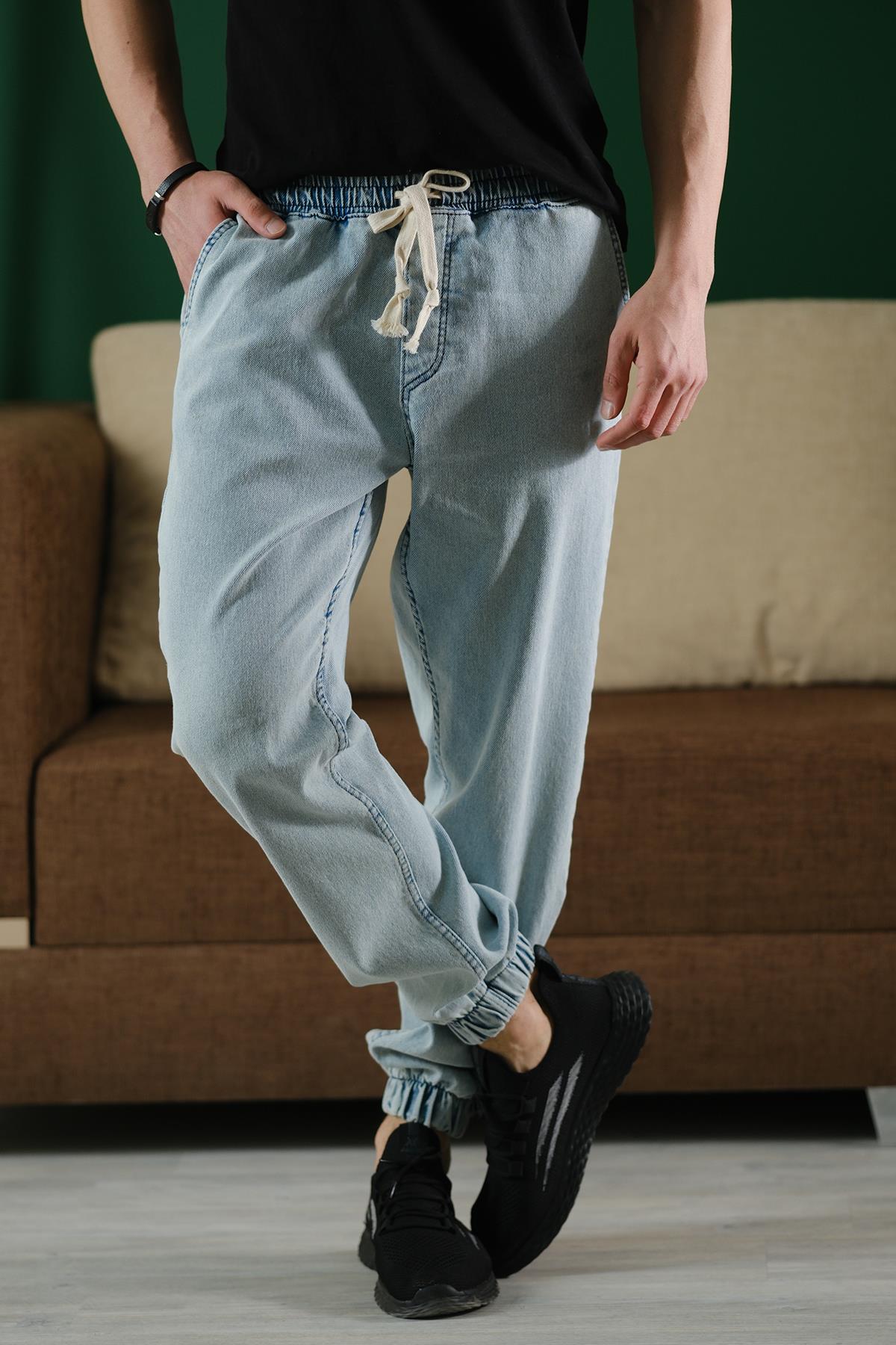 Zessi Paçası ve Beli Lastikli Slim Fit Likralı Kot Jogger Pantolon