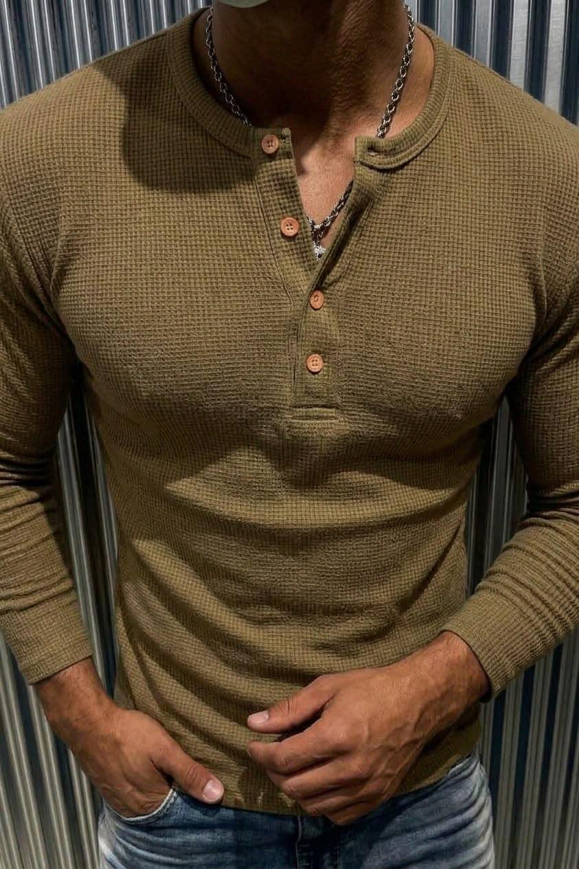 Zex Erkek Waffle Dokulu Düğmeli Hakim / Henley Yaka Basic Uzun Kollu Üst