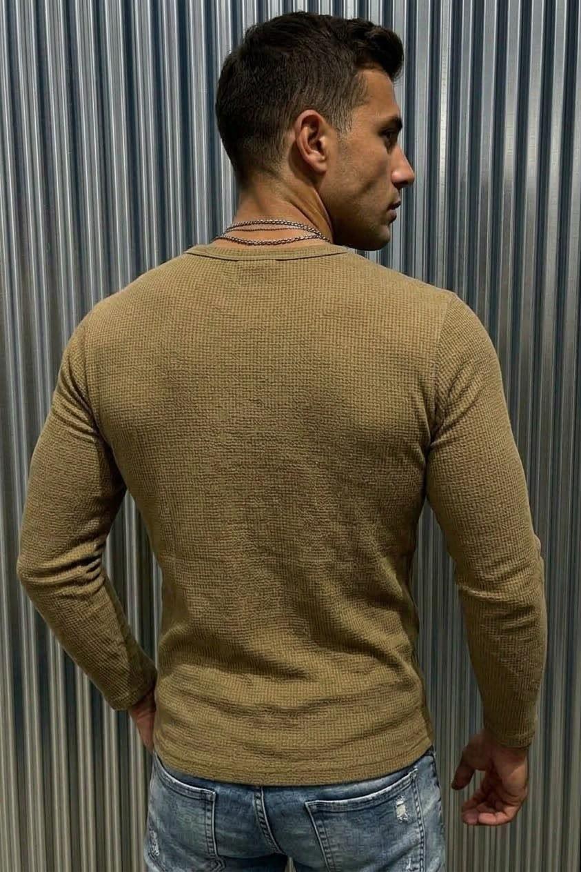Zex Erkek Waffle Dokulu Düğmeli Hakim / Henley Yaka Basic Uzun Kollu Üst