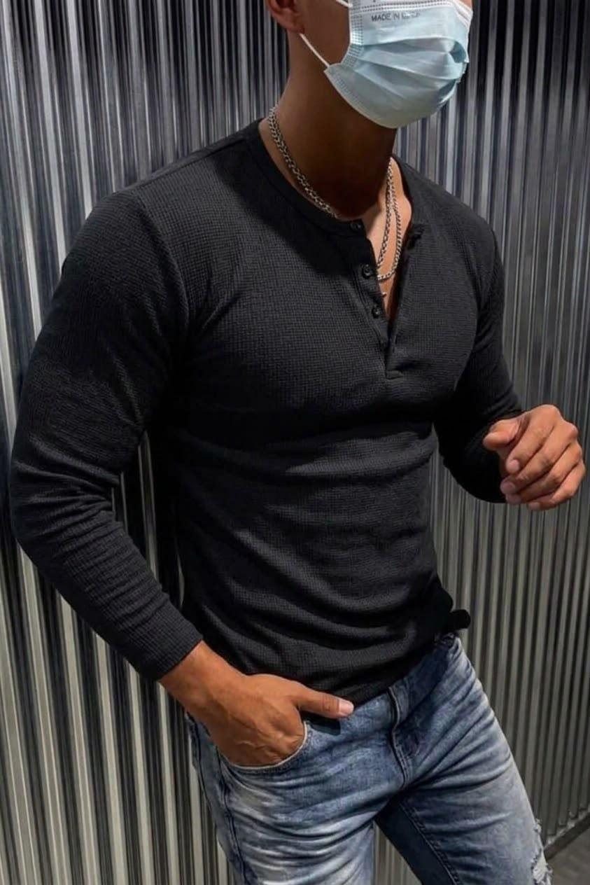 Zex Erkek Waffle Dokulu Düğmeli Hakim / Henley Yaka Basic Uzun Kollu Üst