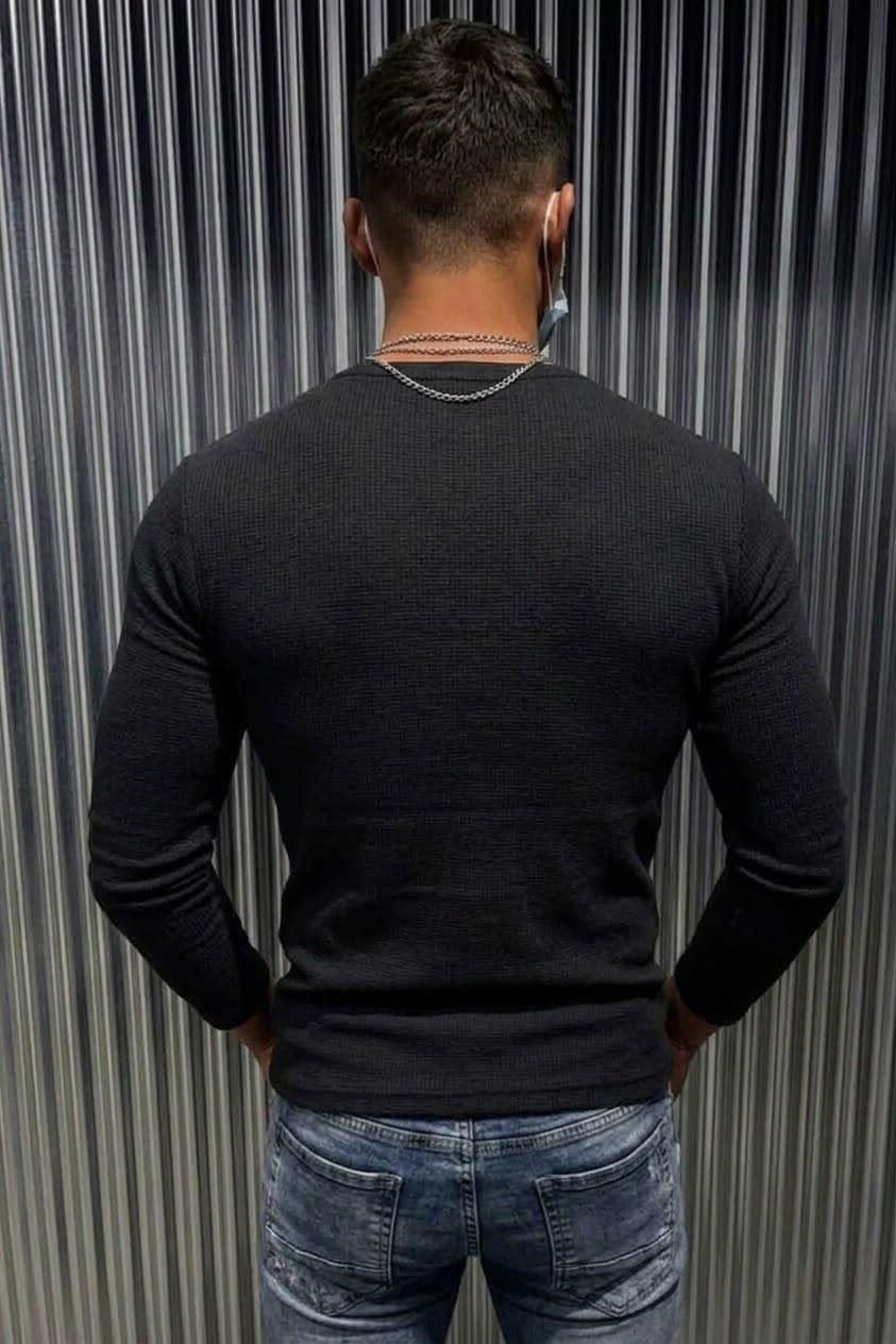 Zex Erkek Waffle Dokulu Düğmeli Hakim / Henley Yaka Basic Uzun Kollu Üst