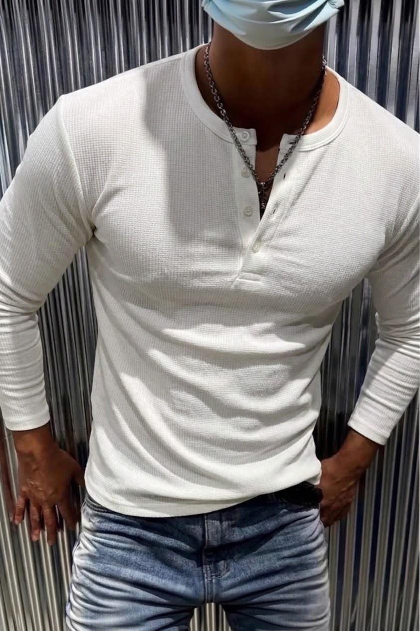 Zex Erkek Waffle Dokulu Düğmeli Hakim / Henley Yaka Basic Uzun Kollu Üst