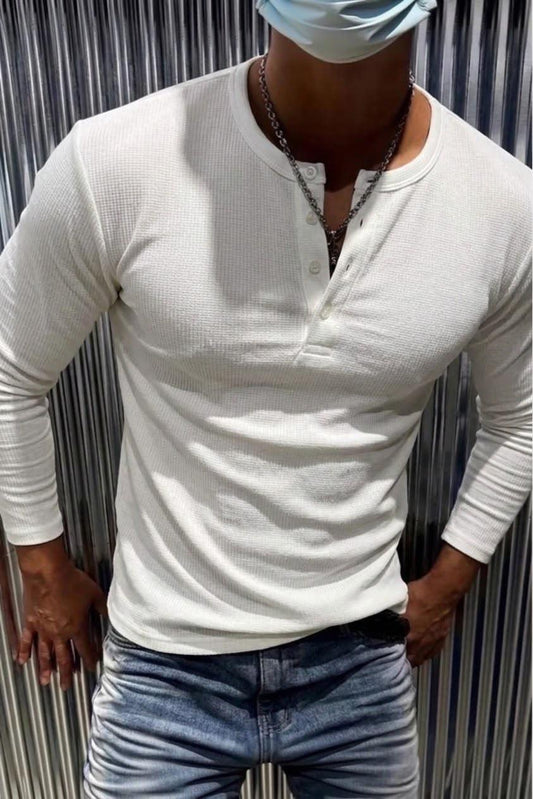 Zex Erkek Waffle Dokulu Düğmeli Hakim / Henley Yaka Basic Uzun Kollu Üst