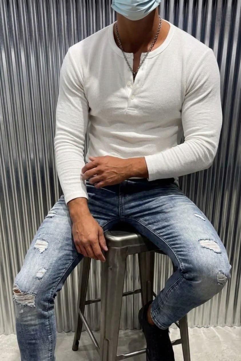 Zex Erkek Waffle Dokulu Düğmeli Hakim / Henley Yaka Basic Uzun Kollu Üst