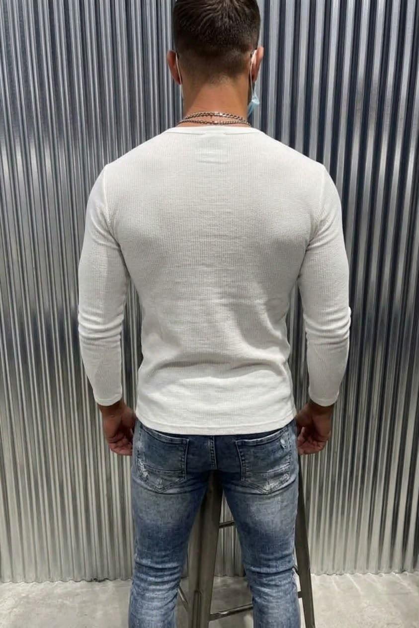 Zex Erkek Waffle Dokulu Düğmeli Hakim / Henley Yaka Basic Uzun Kollu Üst