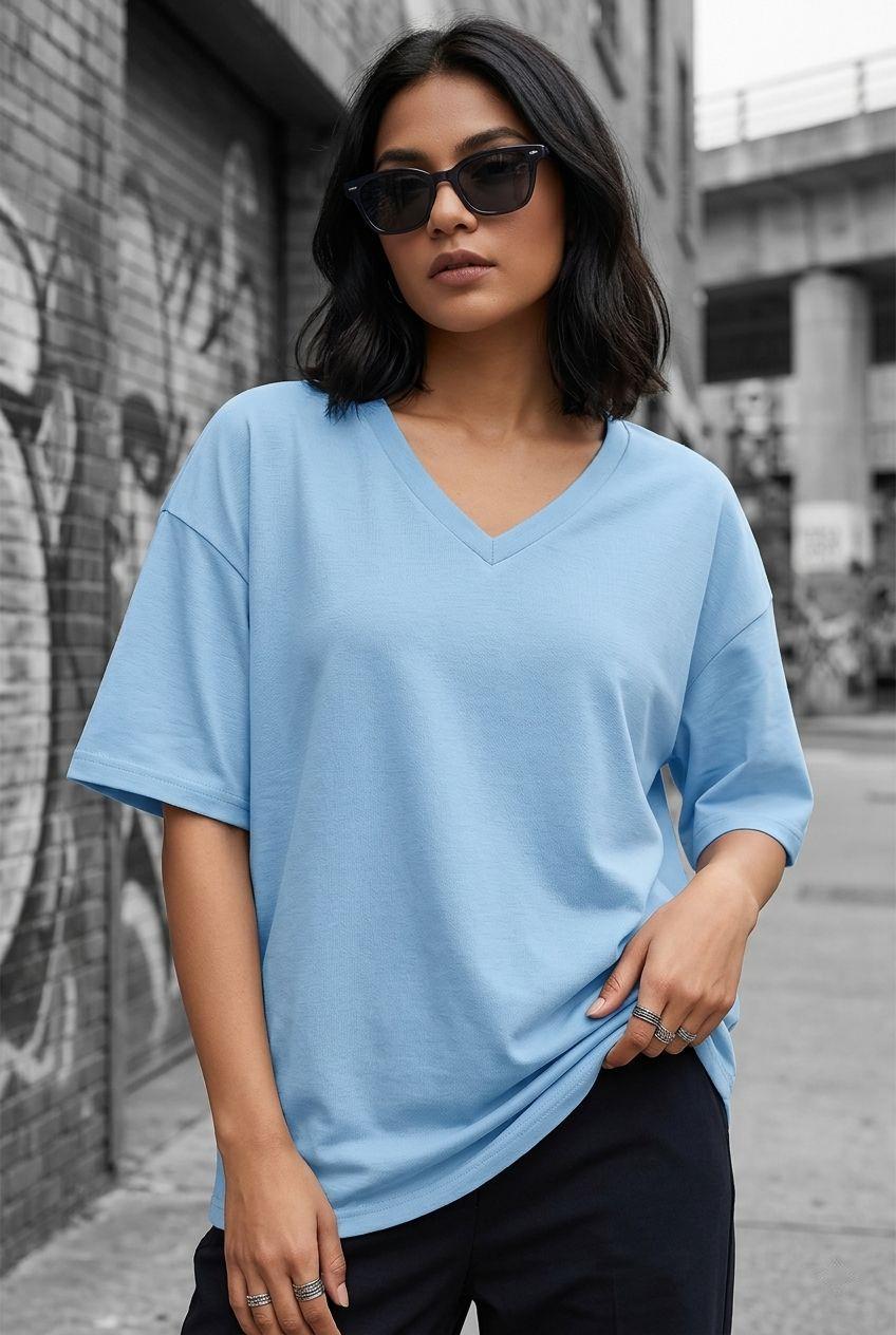 Zey Oversize V Yaka Basic Kadın Tişört - Düşük Omuzlu Salaş Kesim