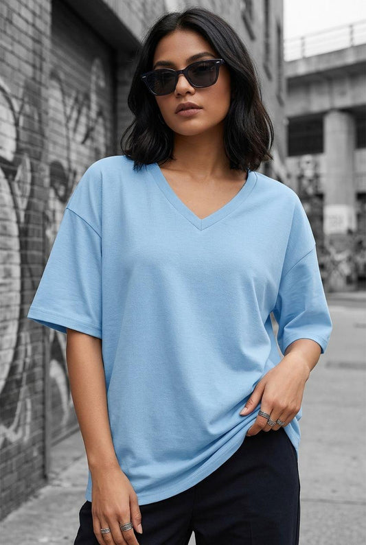 Zey Oversize V Yaka Basic Kadın Tişört - Düşük Omuzlu Salaş Kesim