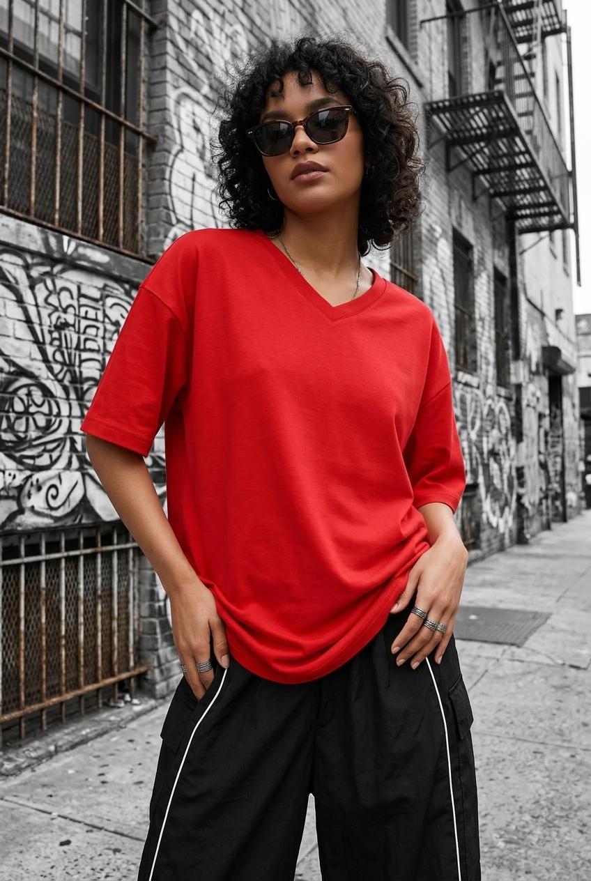 Zey Oversize V Yaka Basic Kadın Tişört - Düşük Omuzlu Salaş Kesim