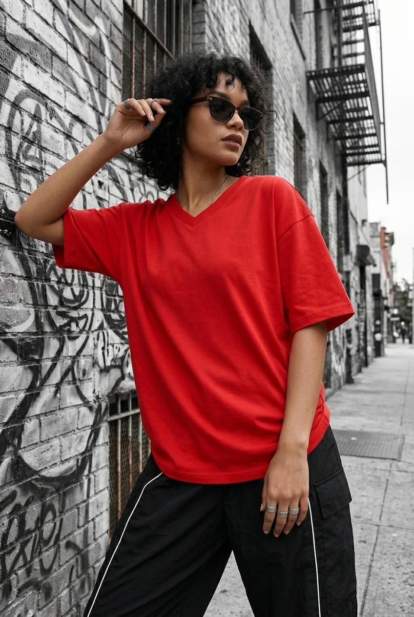 Zey Oversize V Yaka Basic Kadın Tişört - Düşük Omuzlu Salaş Kesim