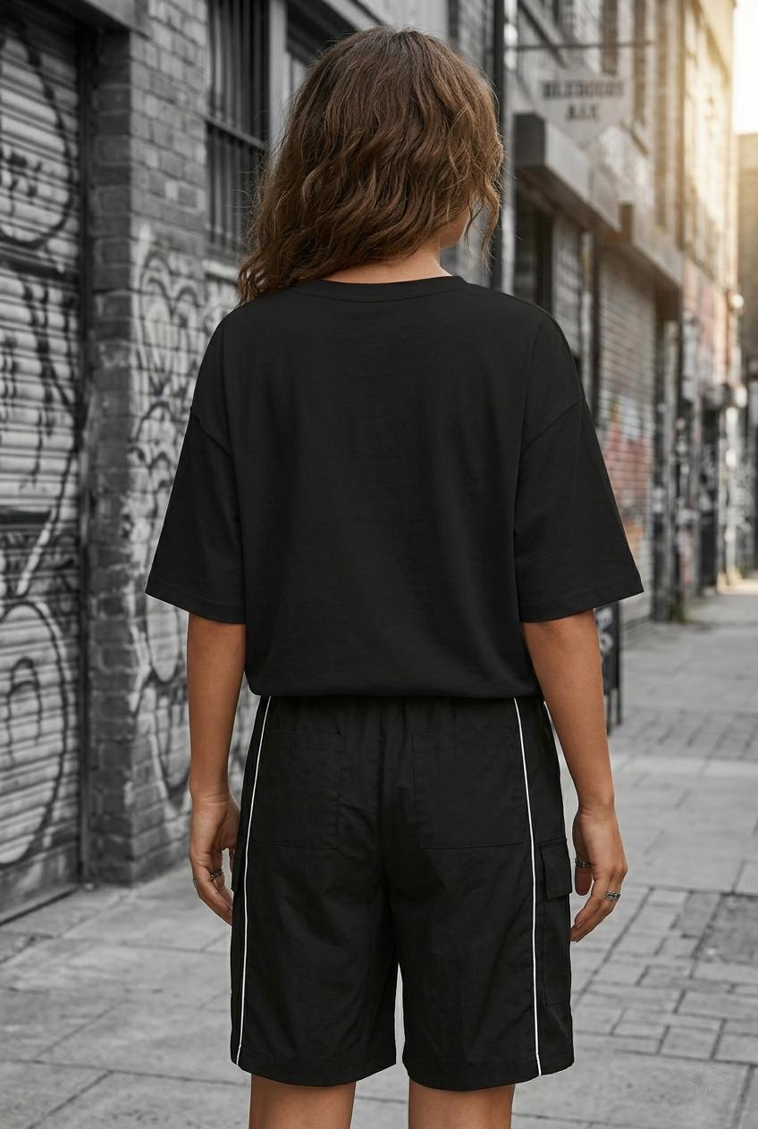 Zey Oversize V Yaka Basic Kadın Tişört - Düşük Omuzlu Salaş Kesim