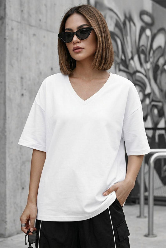 Zey Oversize V Yaka Basic Kadın Tişört - Düşük Omuzlu Salaş Kesim